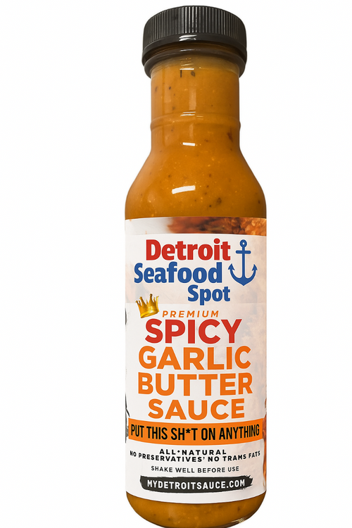Bottle of Detroit Seafood Spot Spicy Garlic Butter Sauce on a white background